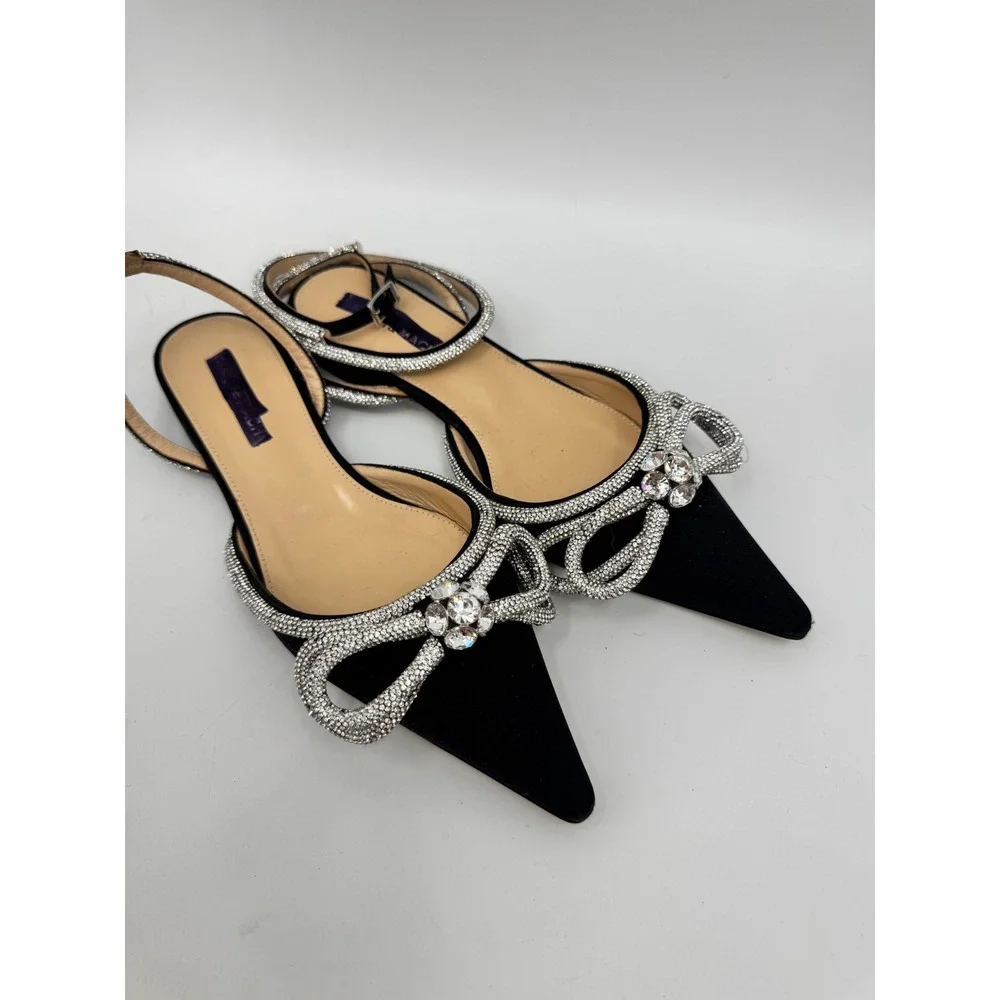MACH & MACH Flawed Double Bow Flats Women 39.5 Black Crystal Embellished Satin